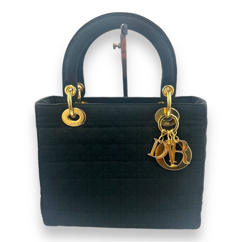 Christian Dior Lady Dior Cannage Hand Bag Logo Tote Nylon Black